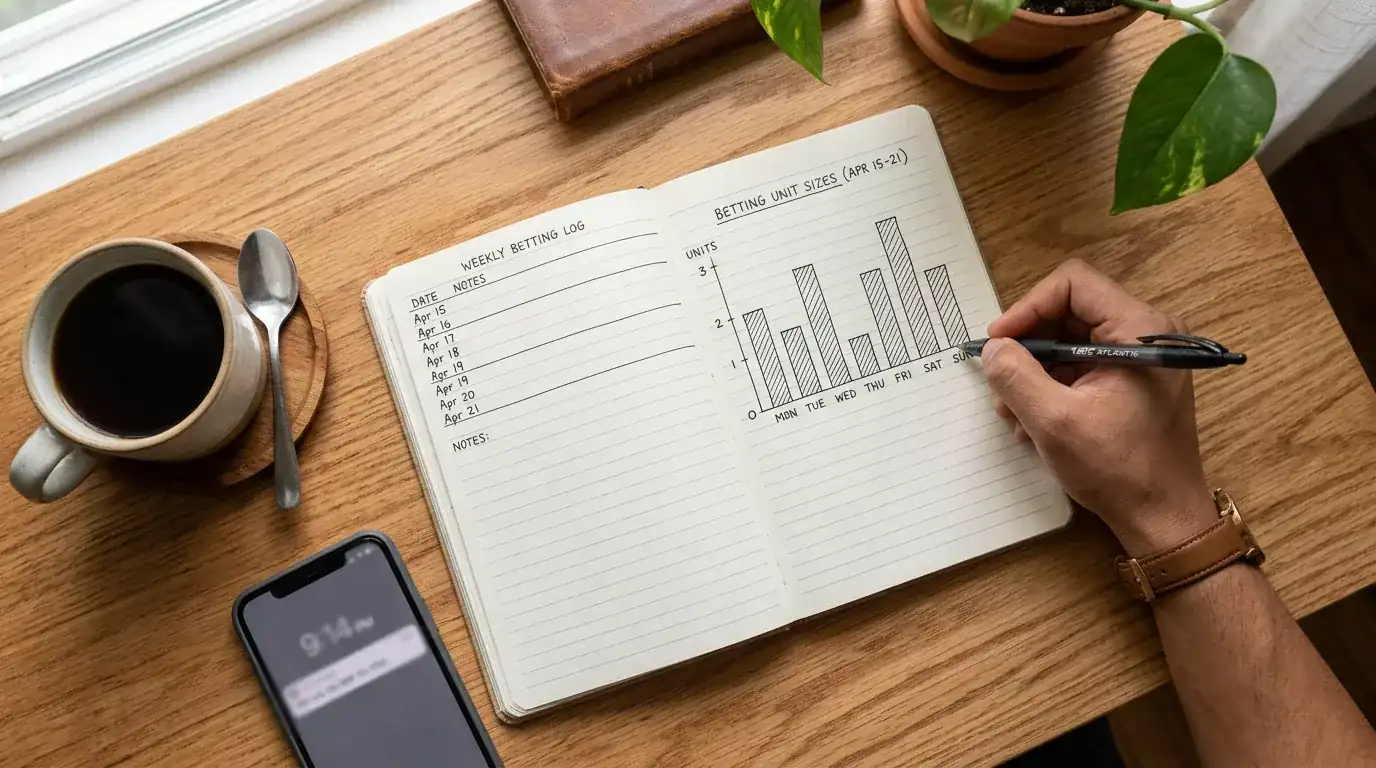 Person reviewing NBA betting records and staking plan in a notebook