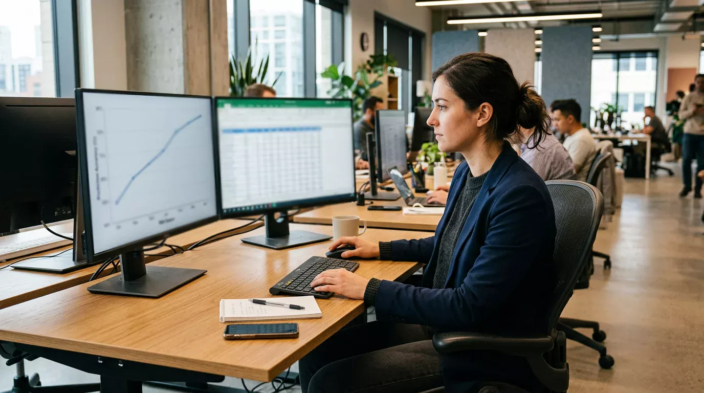 Data analyst reviewing NBA game statistics and machine learning prediction outputs on screen